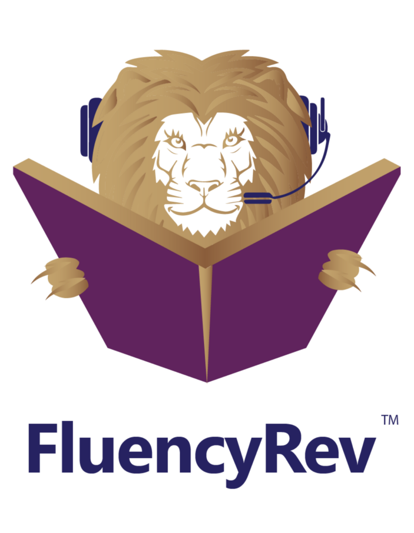 A lion with headphones on reading from an open book.